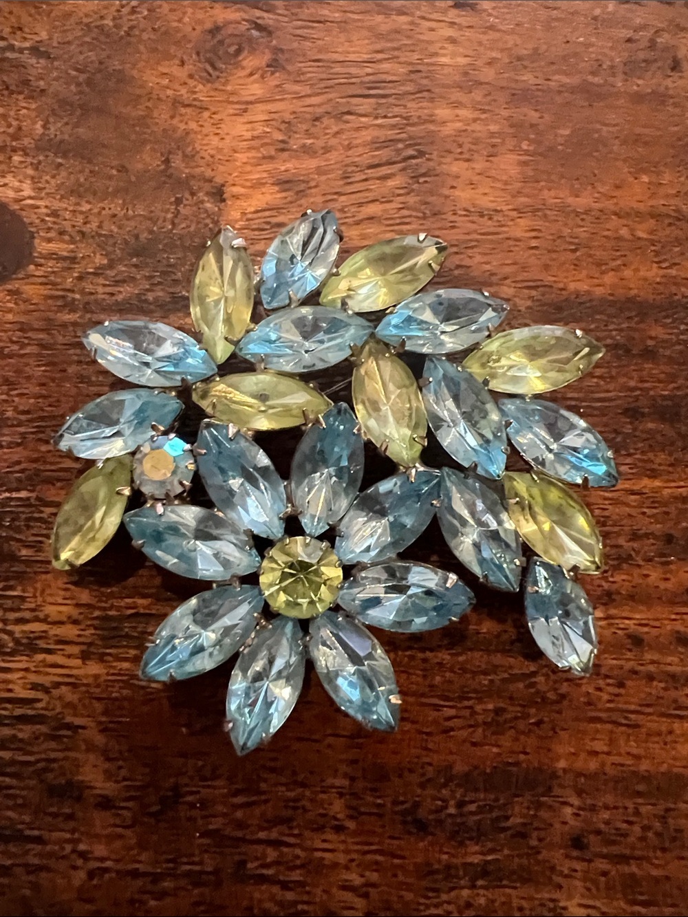 Vintage Floral Crystal Brooch in Blue and Light Green - Women Accessories